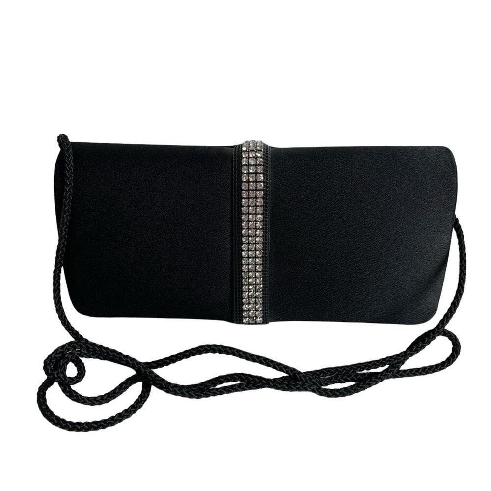 Black Satin Snap Close Crossbody Clutch Purse Rhinestone Embellishment Glam